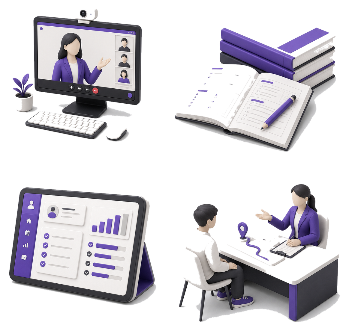 온라인 수업, 교재, 학습 대시보드와 진학 상담을 표현한 3D 교육 장면